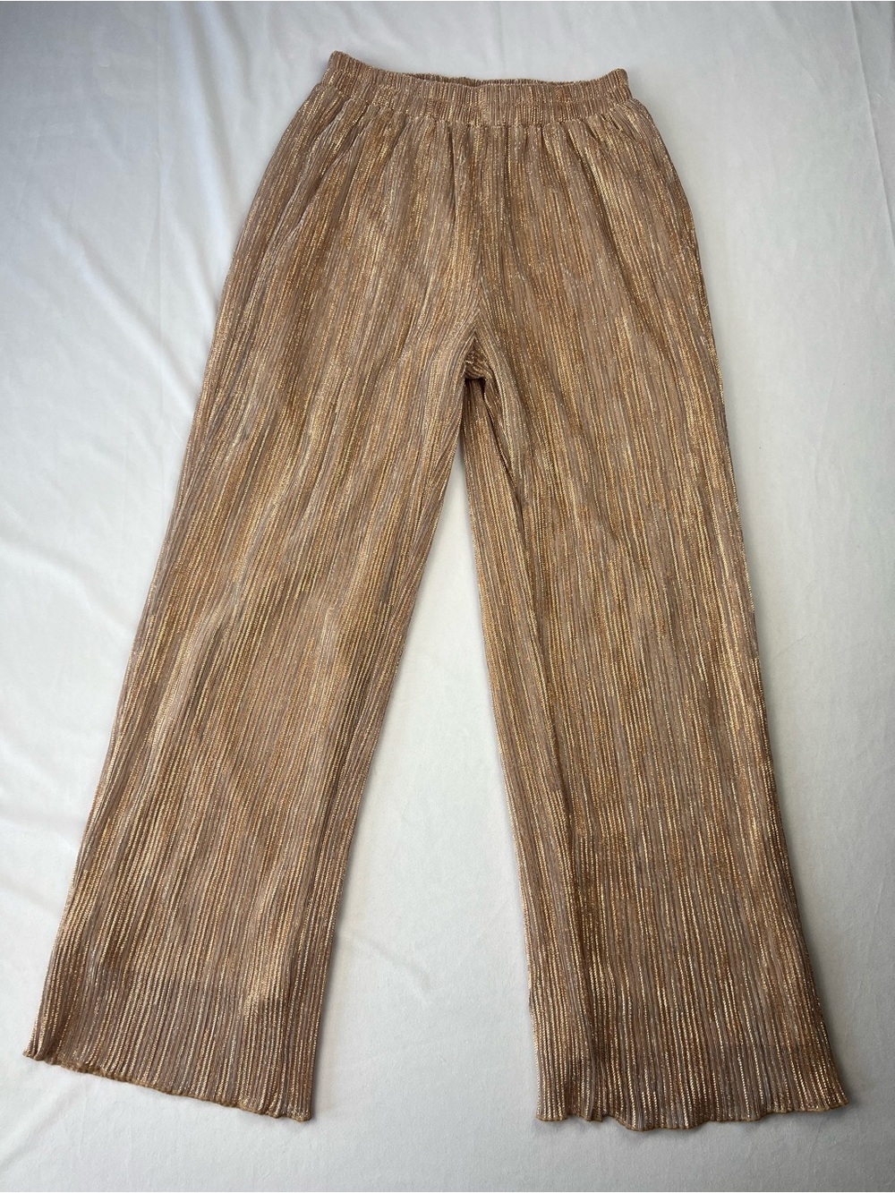 En Crème Women’s Small Gold Metallic Pleated Wide Leg Pants Elastic Waist